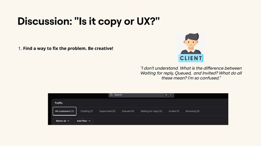Workshop slide: Is it copy or UX?